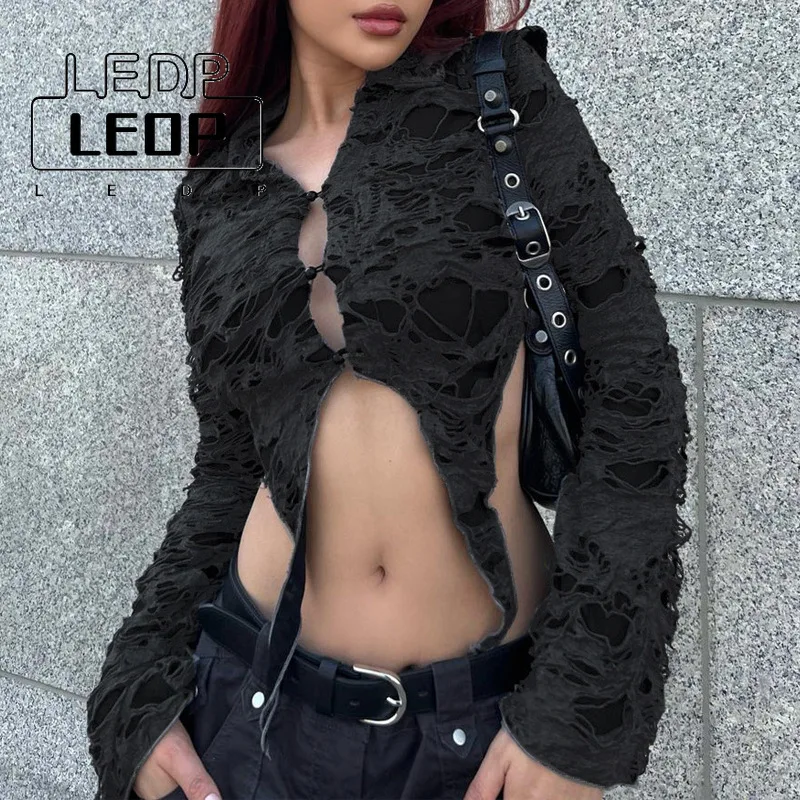 

Women's Spring and Autumn New Long-sleeved Cardigan Hollow Hot Girl Style Cropped Navel Short Black Sweater Sexy Top Women