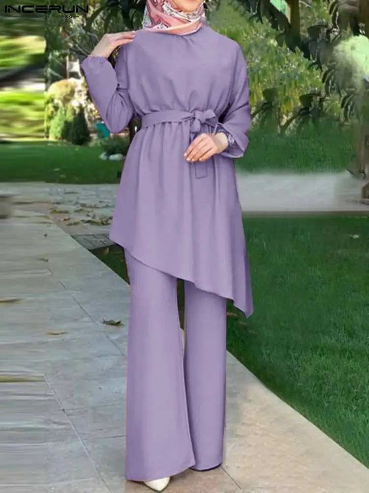 

ZANZEA Irregular Hem O-Neck Blouse Wide Leg Pant Women Muslim Suit Fashion Casual Elegant Holiday Vintage Abaya Kaftan Outwear