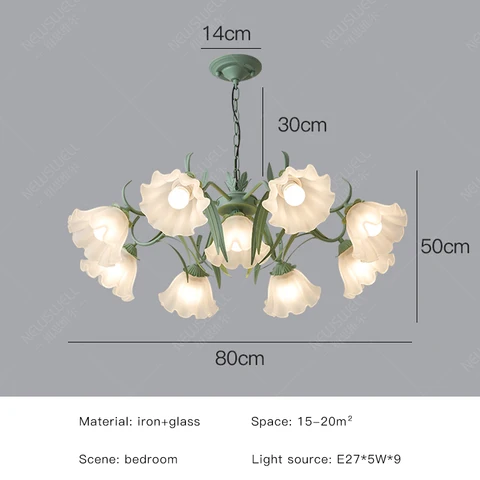 Потолочная люстра в скандинавском стиле с зелеными цветами, железная лампа с французским пасторальным цветочным оформлением для гостиной, спальни, виллы, ресторана