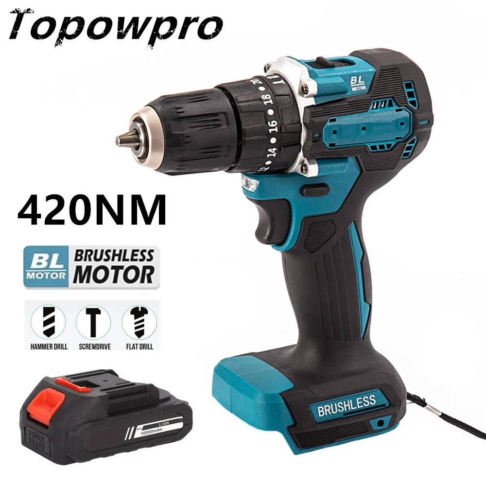 Electric Hammer Impact Drill Brushless 35+3 Torque Cordless 13mm Chuck Rechargeable For Makita 18V Battery Power Tools