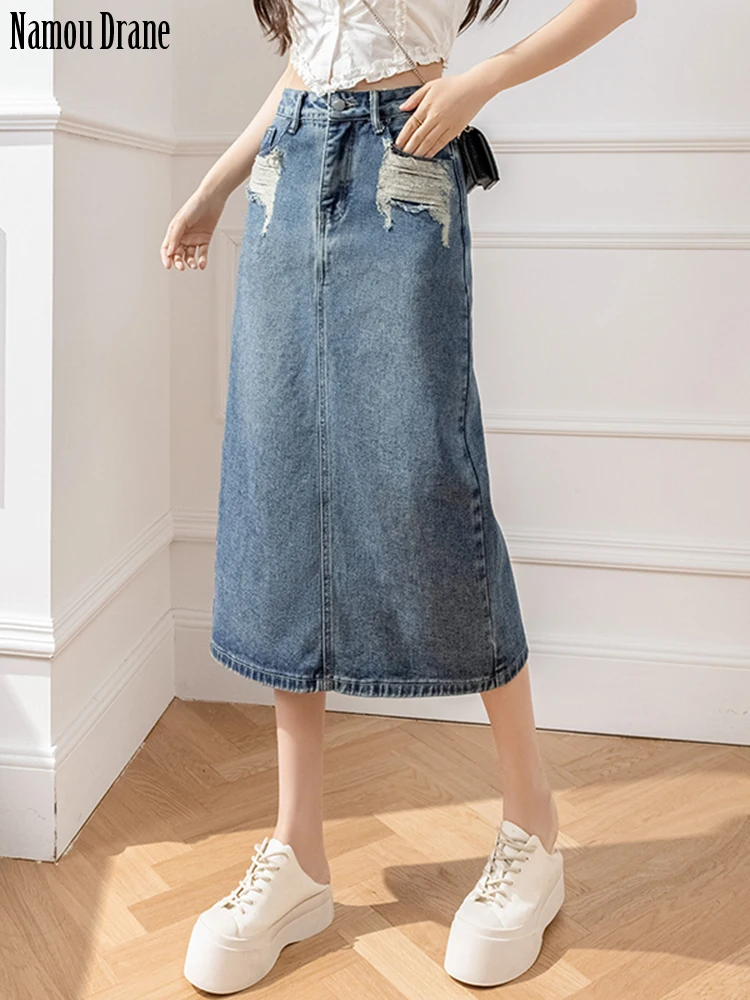 

Namou Drane 2023 Spring and Summer New Vintage Denim Half Skirt Niche Design Sense Raw Edge High Waist A-line Thin Skirt