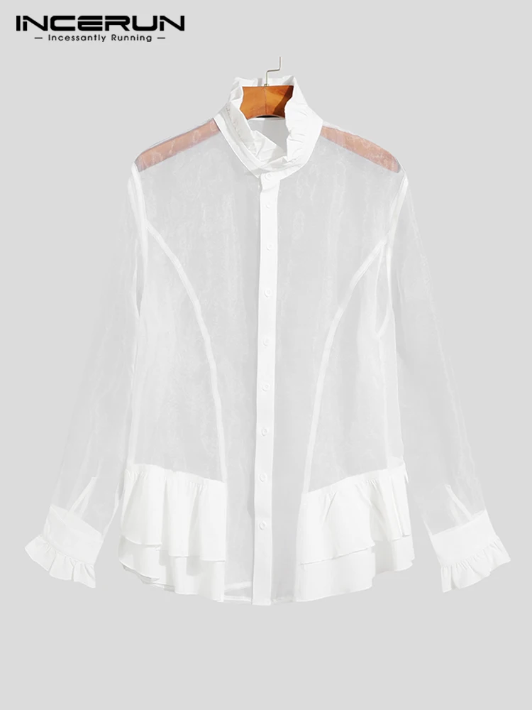 INCERUN Tops 2022 American Style New Men Ruffled Mesh See-through Blouse Fashion Stand-up Collar Long-sleeved Thin Shirts S-5XL