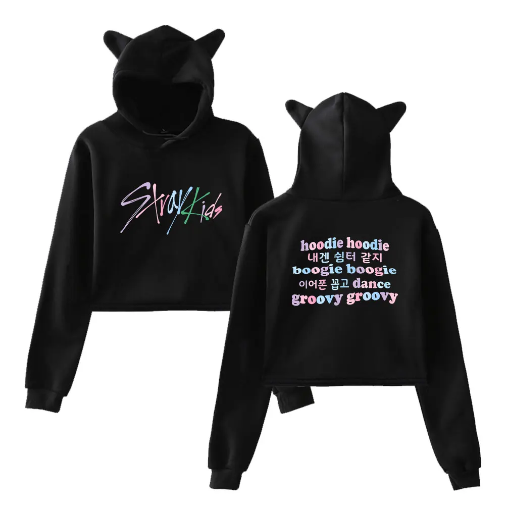 

Детская Рождественская спортивная одежда Kpop Stray, свитшоты с ушками кошек, дизайнерские укороченные топы с чудесным принтом, женская одежда