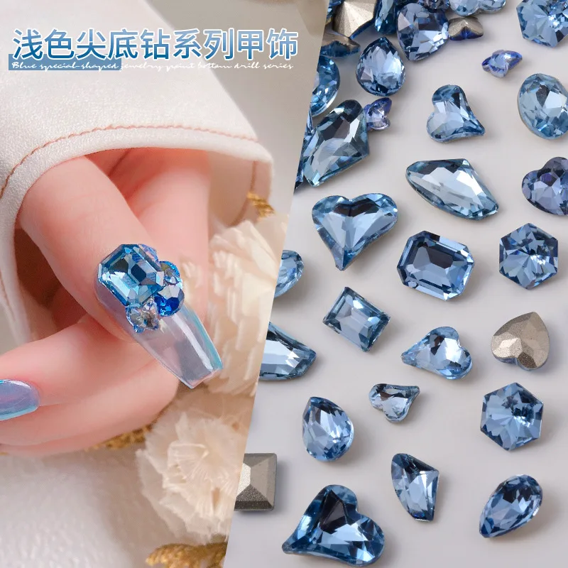 

10Pcs Light Blue Series Nail Art Quality Glass Rhinestones Multi-Shapes Sharp Bottom DIY Gem Stones For Nail Art Decorations