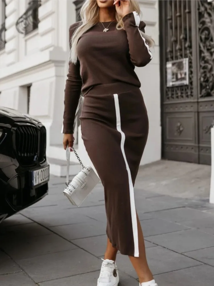 Осенние элегантные однотонные комплекты из 2 предметов. Женская одежда. Футболка