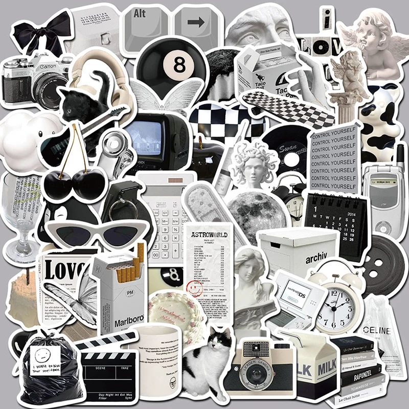 

61Pcs Ins Style Cute Stickers Black White Simple Decals Decoration DIY Phone Notebook Suitcase Laptop Fridge Wall Sticker