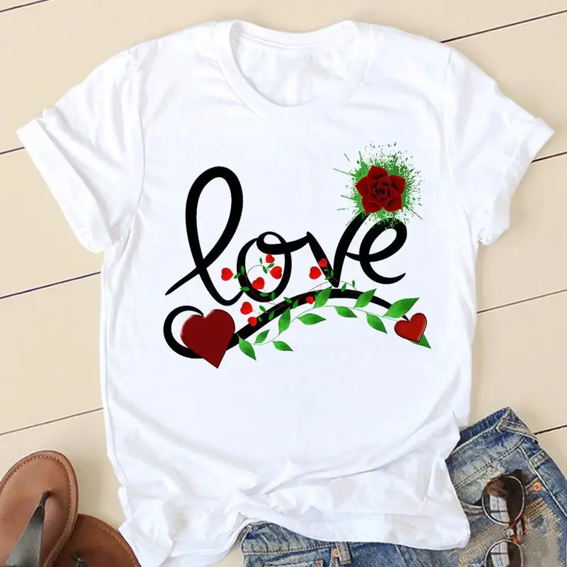 

Модная женская футболка с надписью Love и цветами, женские футболки, женская модная повседневная одежда с коротким рукавом, летняя графическа...