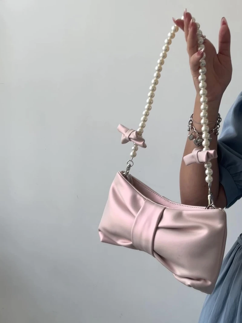 Girl Pearl Bow underarm shoulder bags Fashion Luxury Handbag Female Hobos Totes Purse Pouch Sweet Handheld Fairy Bag