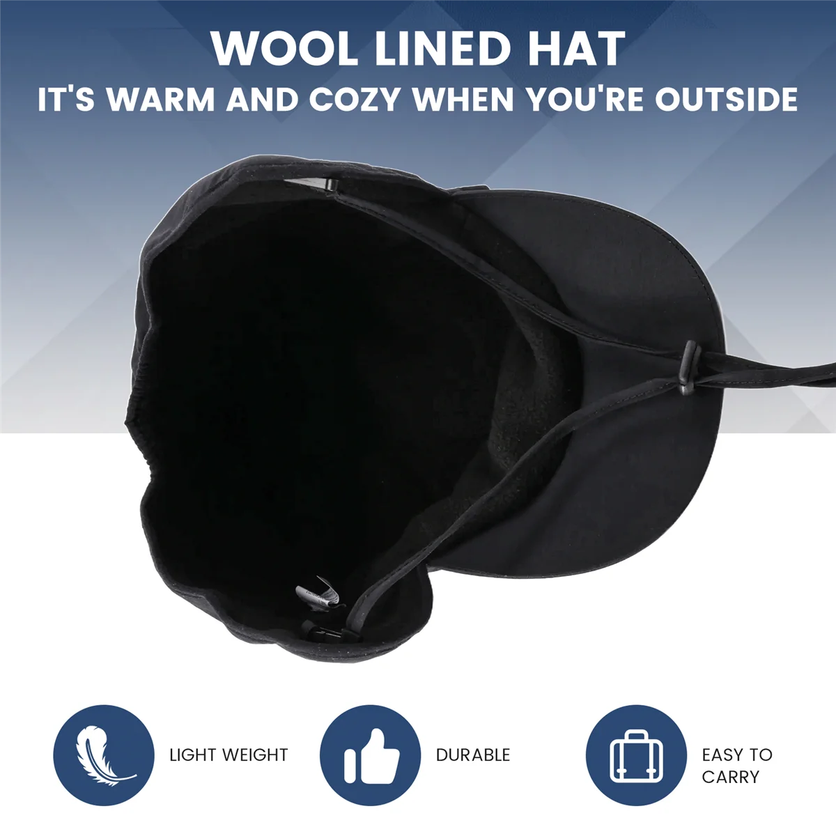 Waterproof Winter Hats Warm Polyester Lined Earflaps Baseball Cap Black