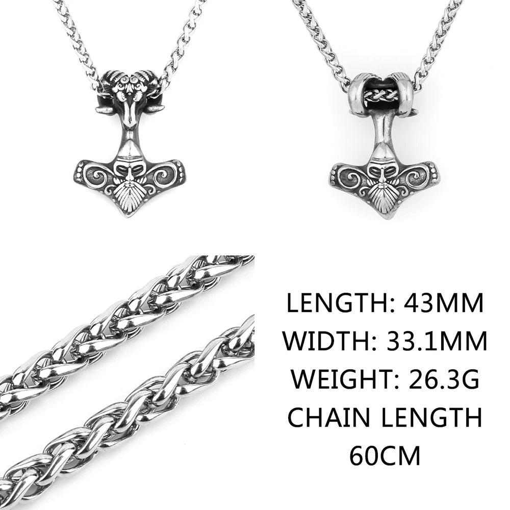 Norse Viking Odin Thor Hammer Pendant Necklace Stainless Steel Scandinavian Pagan Goat Necklace Men Amulet Jewelry Dropshipping
