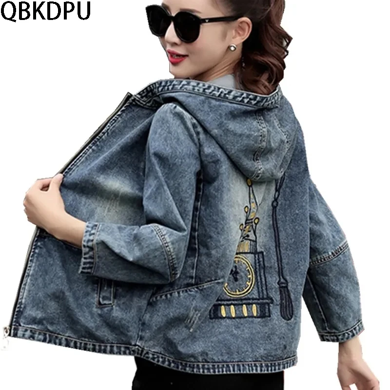 Autumn Blue Women Embroidered Jacket Casual Hooded Denim Jacket Korean Loose Short Jeans Coat Plus Size 4XL Jackets or Wom