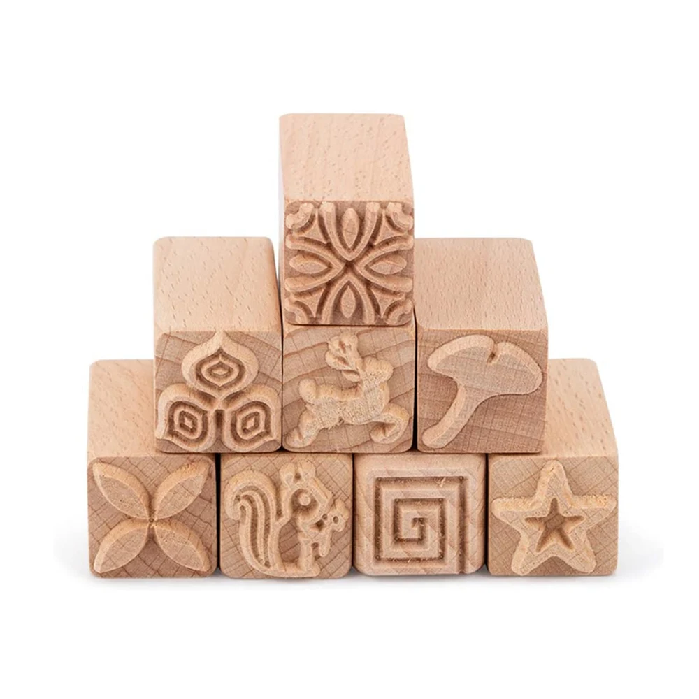 Pottery Tool Wooden Emboss Stamps Column Natural Printing Blocks Mixed Patterns Texture Stamp for Polymer Clay Diy Ceramic Craft