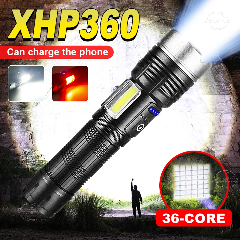 

XHP360 Powerful Flashlight 5000000LM Camping Torch Light Waterproof Tactical Flashlight Rechargeable Lamp to Fishing Power Bank