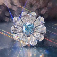 luxury female sea blue zircon stone ring brilliant silver color flower open adjustable wedding rings for women statement jewelry