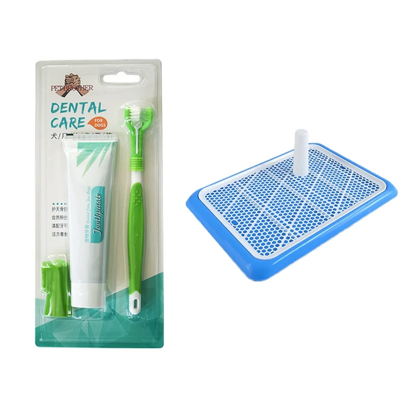 

3 PCS Dog Pet Finger Toothbrush Three Head Toothbrush Toothpaste Set With Training Pads Toilet