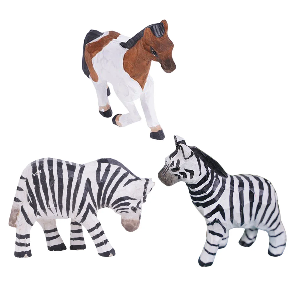

3pcs Horse Shape Decor Wooden Zebra Ornament Home Tabletop Animal Adornment