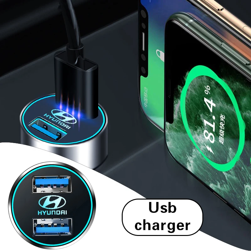 

1Pcs Car Logo LED Mobile Phone Charger 7.8A USB Fast Charging For Hyundai Tucson Creta Accent i30 Sonata Elantra Solaris Kona