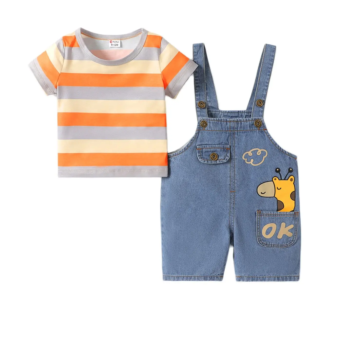 

PatPat 2pcs Baby Boy/Girl 95% Cotton Giraffe Graphic Denim Overalls Shorts and Short-sleeve Striped Tee Set