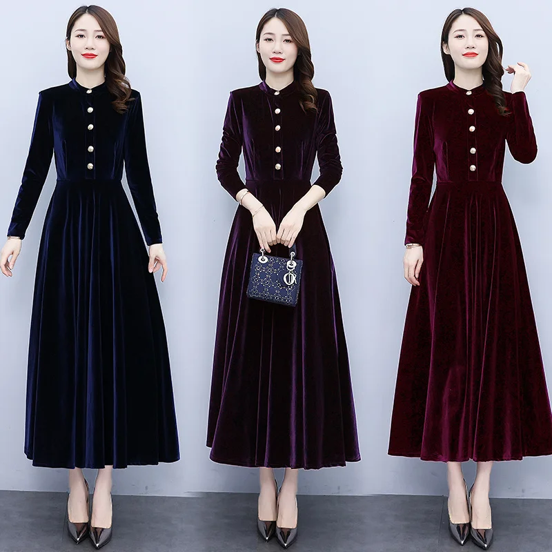 

M-3XL Autumn Winter Dress Women Casual Vintage Ball Gown Velvet Dress Solid Colors Outfits Ladies High Waist Long Party Dress