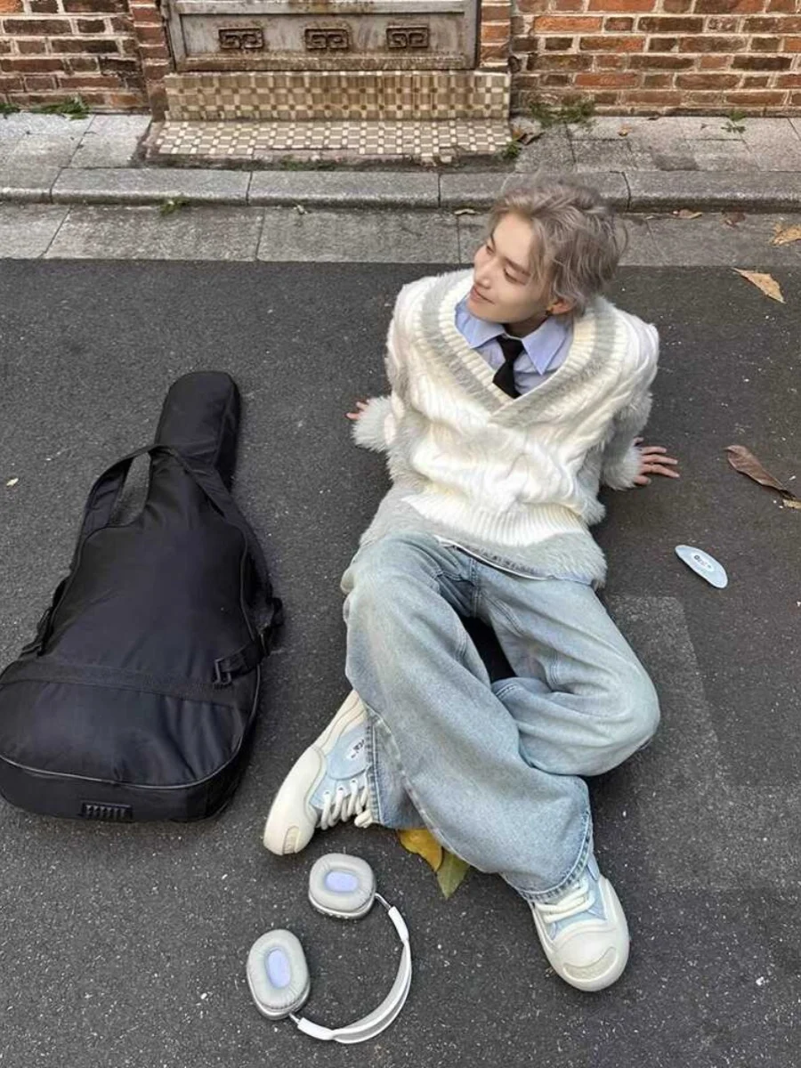 American vintage Mink Velvet Sweater Men's and Women's Autumn Idle Sle High Sense Knit V-neck Mohair Outerwear Tide