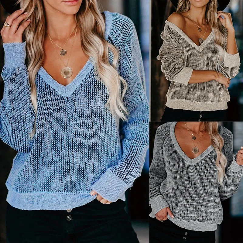 

NEW-Fashion Women Solid Color Sweater Vertical Stripe Pullover V-Neck Loose Sweater Women's Autumn Winter
