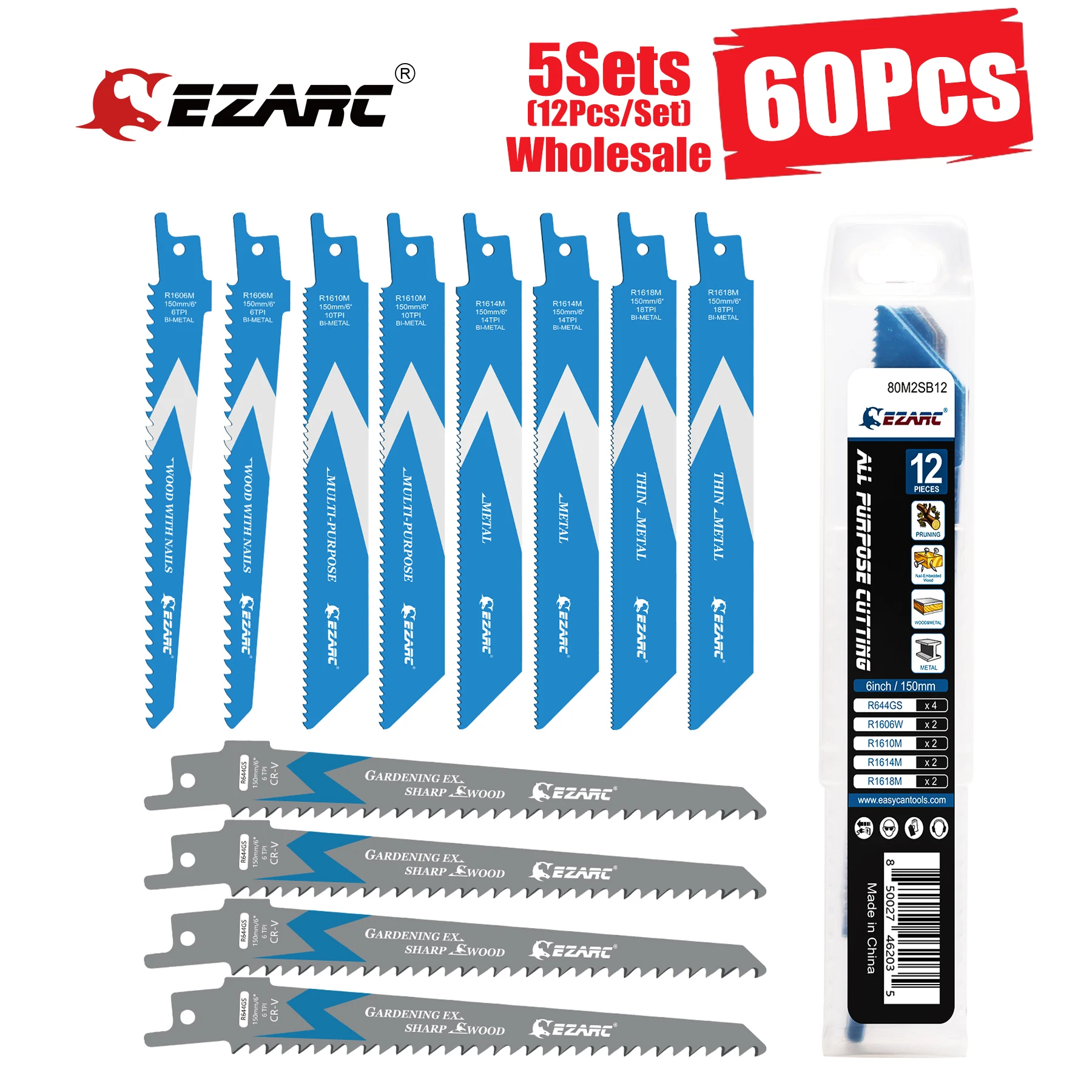 

EZARC 5Sets/60Pcs Reciprocating Saw Blades Set Bi-Metal Demolition Sabre Saw Blade for Metal and Wood Pallet Cutting 6“/150 mm
