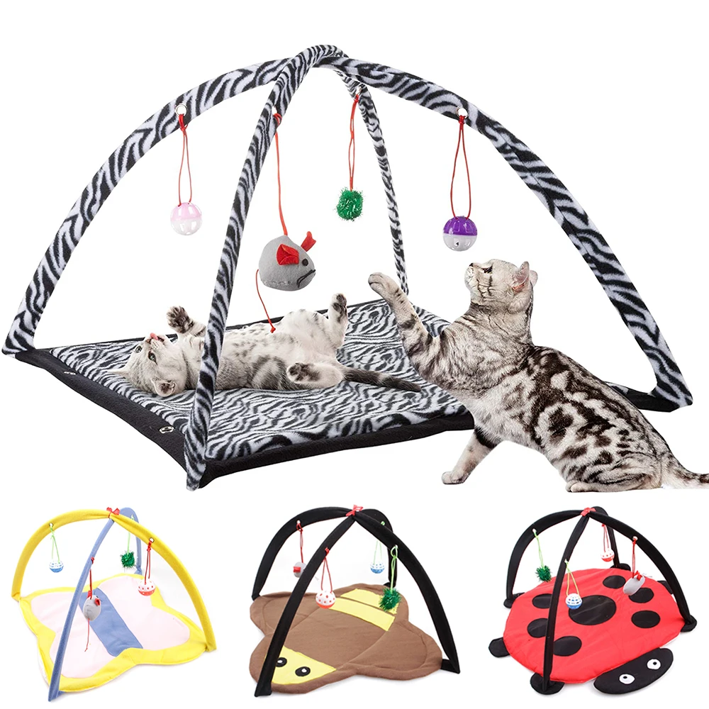 Foldable Cat Play Mat Cat Interactive Tent Activity Center with Hanging Cat Toys Balls Mice Outdoor Cat Bed Pad Sleep Play Tent