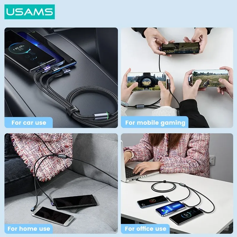 USAMS 66W 3 In 1 Right Angle Elbow Game Cable For iPhone iPad MacBook Quick Charging Data Cable For Huawei Xiaomi Samsung OPPO