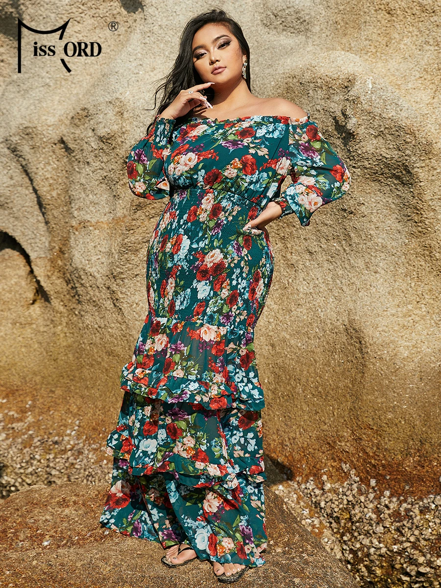Missord Floral Print Off Shoulder Lantern Sleeve Plus Size Chiffon Dress 2023 Summer Women Ruffled Long Beach Dresses
