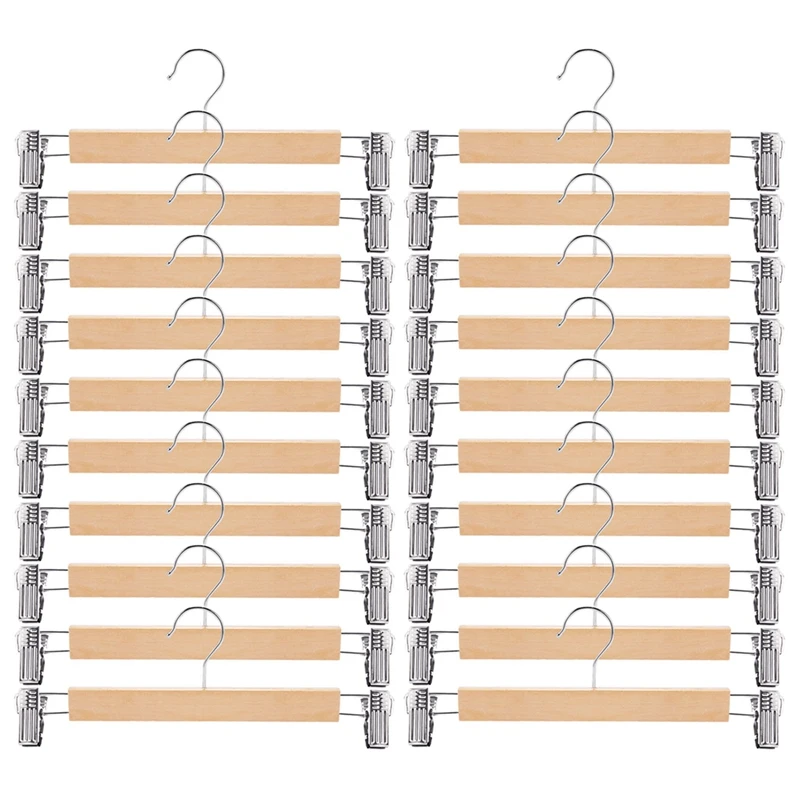 

Wooden Skirt Hangers With Adjustable Clips (Pack Of 20) Non-Slip Trouser Hanger Natural Finish Lotus Wood Pants Hangers