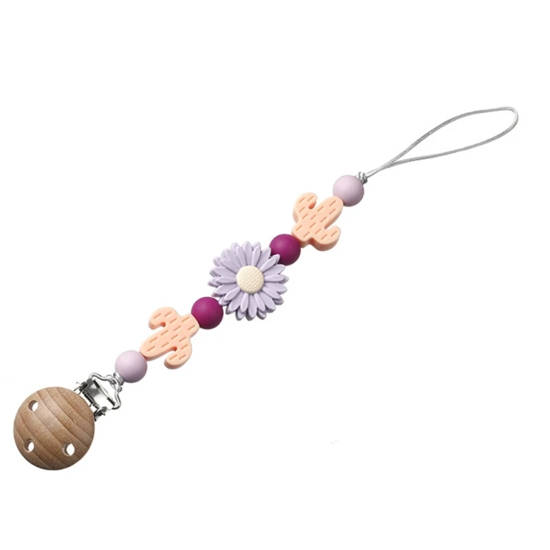 

Silicone Flower Pacifier Clips Wood Holder Newborn Soother Chains for Baby Girls