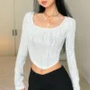 2023 Square Collar Long Sleeve Casual Women T Shirts White Autumn Skinny Sexy Solid Basic Crop Tops Fashion Streetwear 1
