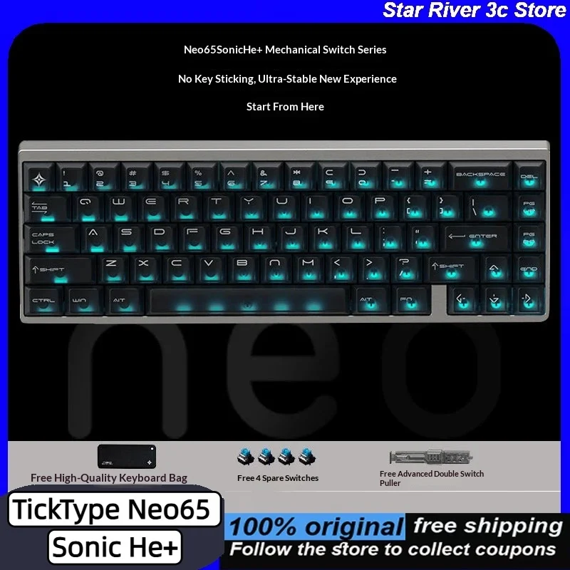 Фото Игровые клавиатуры TickType Neo65 Sonic He+ с магнитными переключателями, 8000 касаний/с, отклик 0,01 мм, корпус из алюминиевого сплава, RGB-подсветка, эргономичный дизайн, для ПК №1