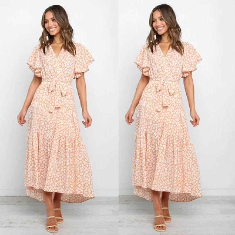 

2022Spring New Popular Short Sleeve Lace Printing Mid-Length Large Swing Dress