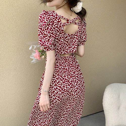 

Puff Sleeve Dress Women Floral Design Elegant Trendy Hollow Out Retro Holiday Empire Sundress Midi Ulzzang Lady Simple Romantic