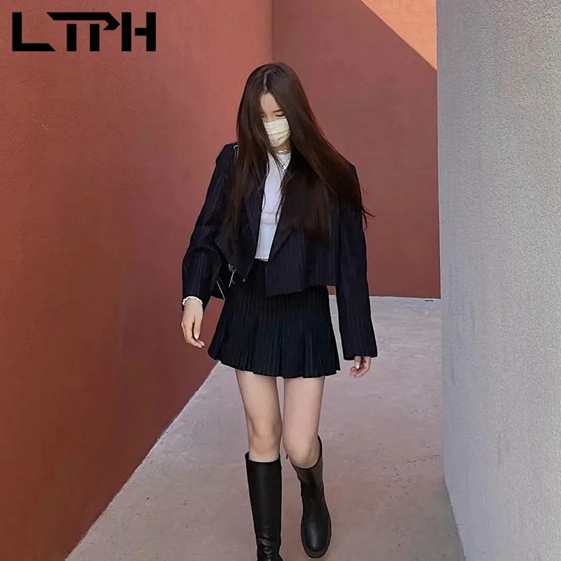 LTPH stripe outfits two piece set women small blazer high waist pleated skirt suits ins streetwear vintage casual 2023autumn new