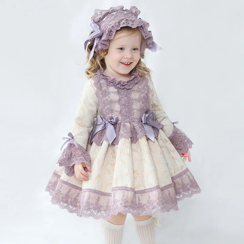 

2023 Baby Girl Dress Spring Autumn Vintage Spanish Pompom Ball Gown Princess Lolita Dress Children Girl Birthday Eid Dress 1-8Y