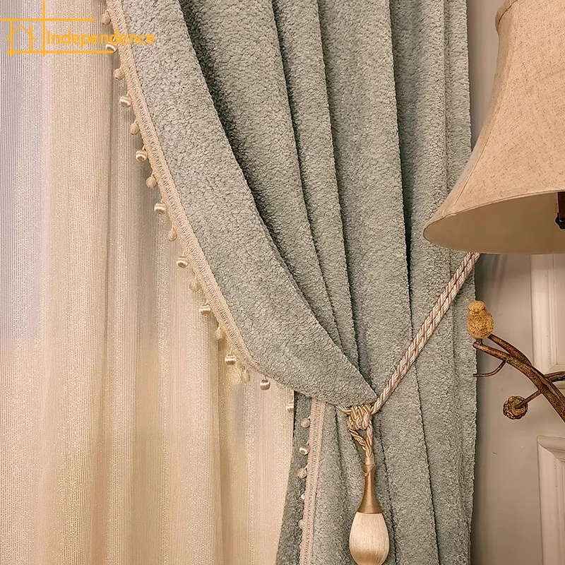 

High End Thickened Wool Velvet Chenille Ice Crystal Blue Shading Wind Warm Curtains for Living Room Bedroom Villa Customization