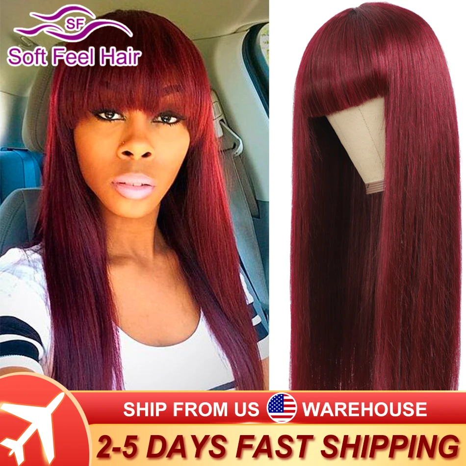 

100% Human Hair Wig With Bang Brazilian Straight Human Remy Hair Wig for Black Women Cheap Burgundy Color 30Inch Long Fringe Wig