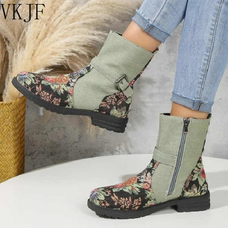 

Platform Casual Boots Women 2023 Autumn/winter New Women's Martin Boots Round Head Side Zipper Large Size Mid-calf Boots