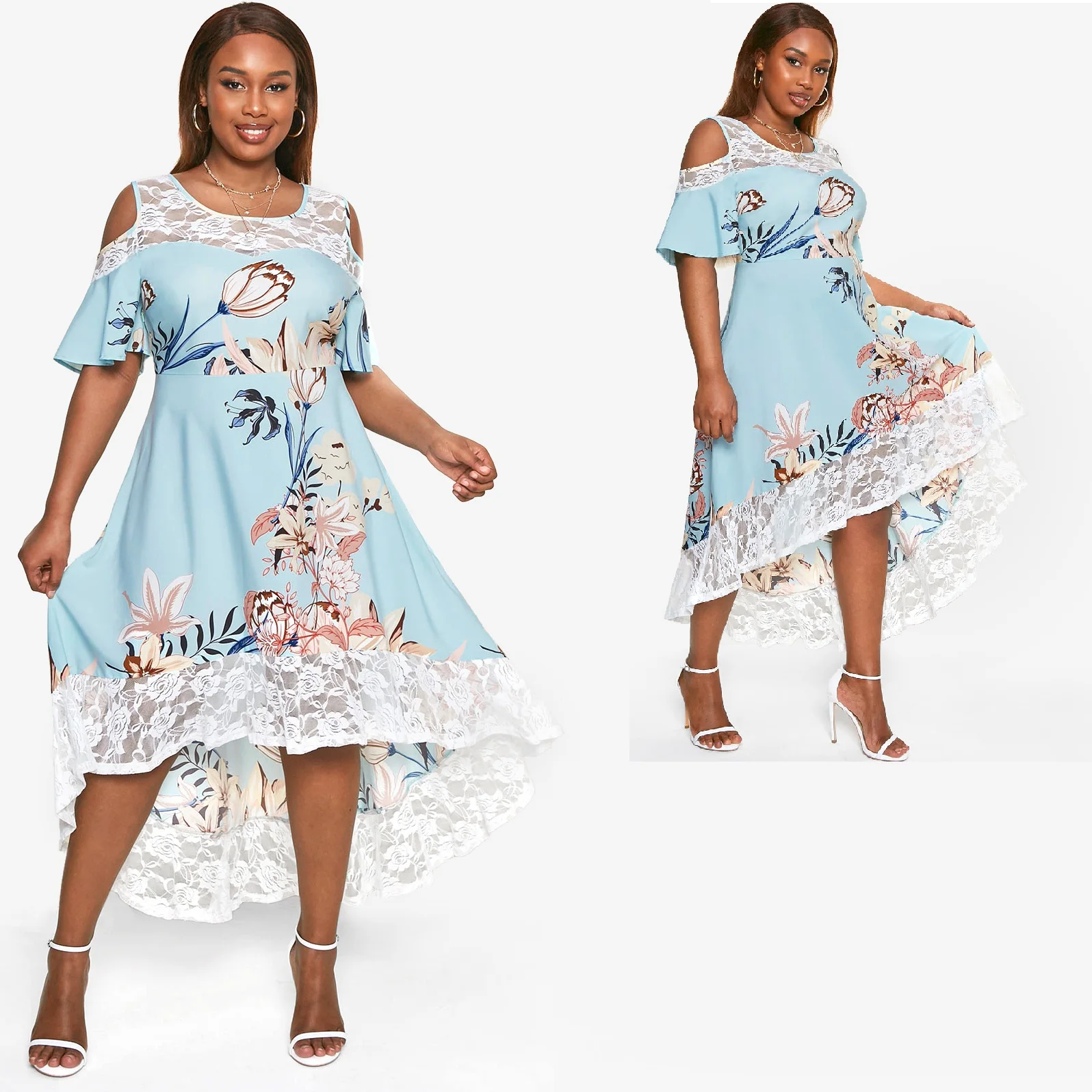 

2022 Summer Women Cold Shoulder Dresses High Waist Floral Print Lace Trim Short Sleeves A-Line Ladies Dip Hem Dress Vestidos 5XL
