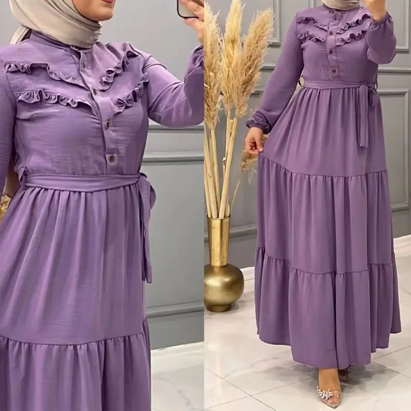 

Модное мусульманское плиссированное платье, женская одежда, турецкое платье большого размера с длинным рукавом и оборками и поясом