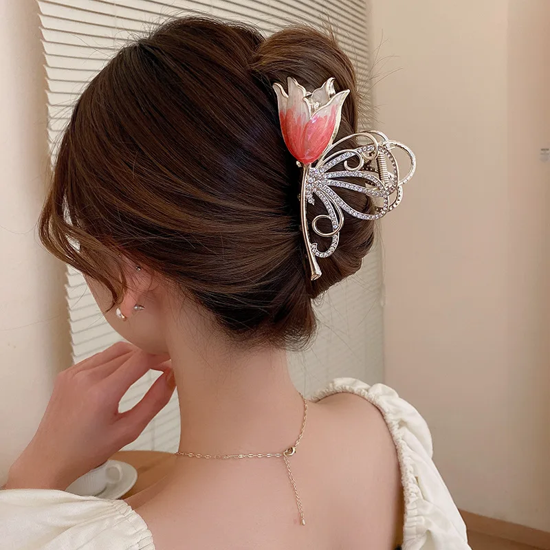 

New Pink Red Tulip Grab Clip Elegant Shark Clip Headdress Retro Girl Ponytail Claw Clip Korean Exquisite Hair Accessories