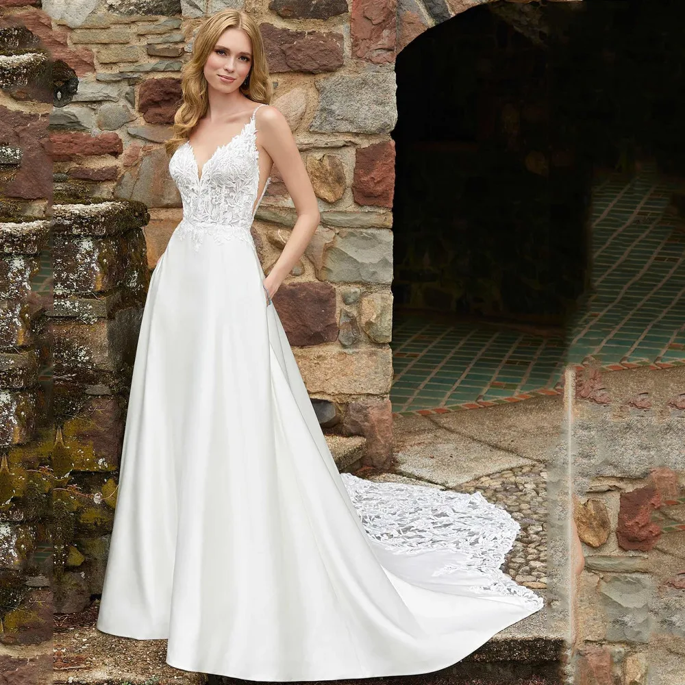 

Elegant A-Line Wedding Dresses 2023 V-Neck Spaghetti Straps Appliques Backless Floor Length Bridal Gown Vestidos De Novia
