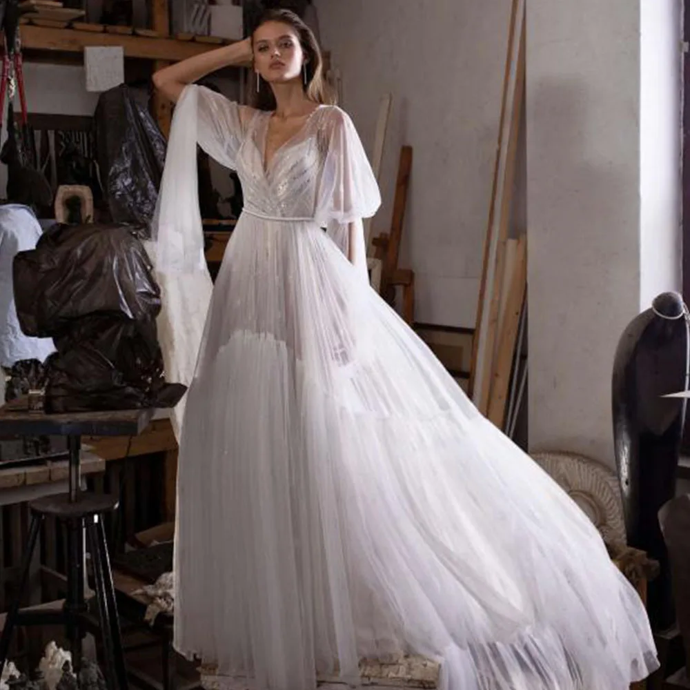 

Изысканные свадебные платья на молнии с открытой спиной иллюзионные платья невесты с длинными пышными рукавами V-образным вырезом трапецие...