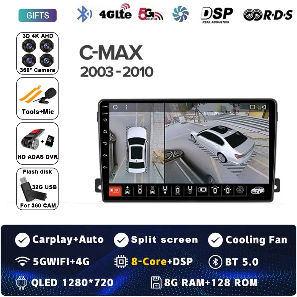 

Для Ford C-MAX 2003-2010 Android 14 Carplay Авто Радио Мультимедийный Видеоплеер Навигация GPS Без 2Din 2 Din DVD DSP 4G