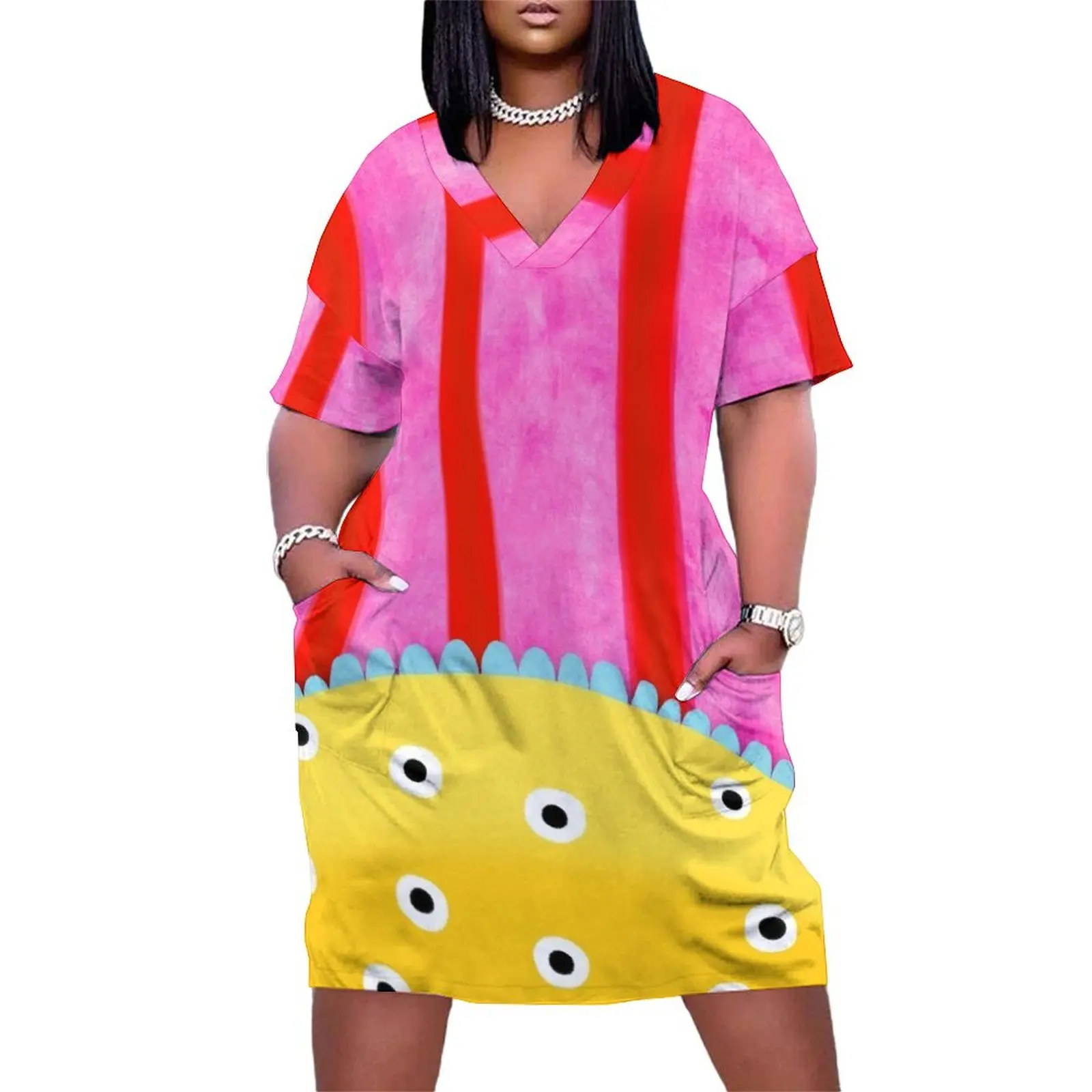 Вертикальные линии красное розовое желтое свободное платье с карманами для