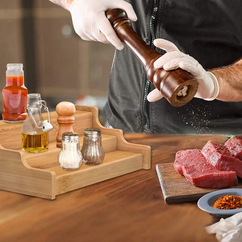 

Spice Rack Kitchen Cabinet Organizer- 3 Tier Bamboo Expandable Display Shelf, Bamboo 3-Layer Adjustable Spice Rack