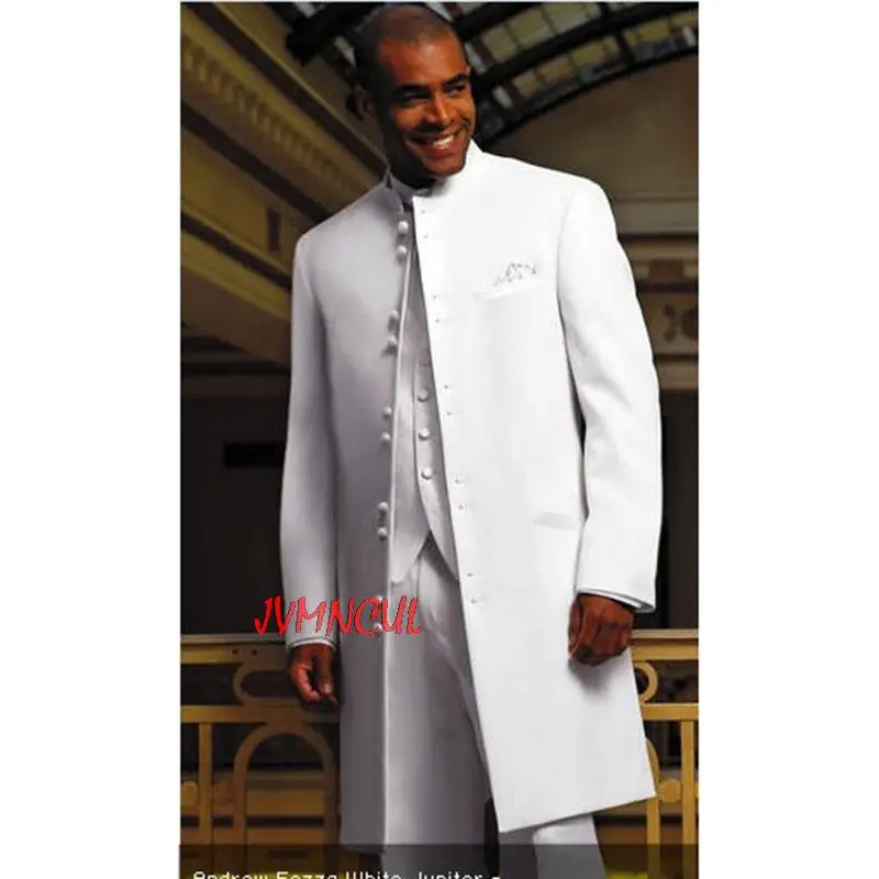

2022 Long Coat White Men Suits 3Pcs Groom Tuxedo Groomsman Blazer Trousers Man Business Prom Party Wear(Jacket+Pants+Vest+Tie)