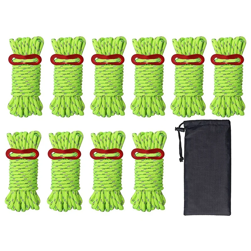 

10 Pack 4mm Camping Rope Reflective Guy Lines with Aluminum Guyline Adjuster Tensioners Polyester Tent Ropes